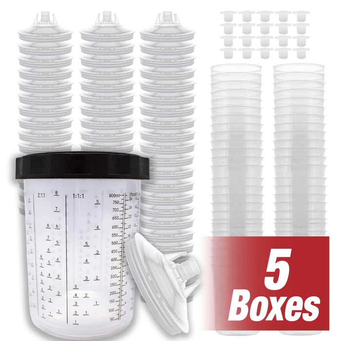 Disposable Paint Spray Gun Cups Liners and Lid System 50 Liners, 50 Lids, 190MIC, 1 Hard Cup with Retainer Ring and 20 Plugs - Compatible w/ Original 1.0 System (not 2.0) (5 Boxes of 800ml / 27oz)