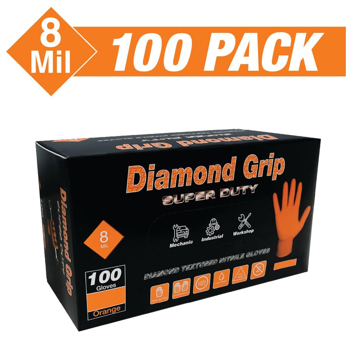 LAUCO Heavy Duty 8-Mil Industrial Orange Nitrile Gloves with Raised Diamond Texture, Medium, Latex Free, Powder Free, Pack of 100 (1 Box) 87284
