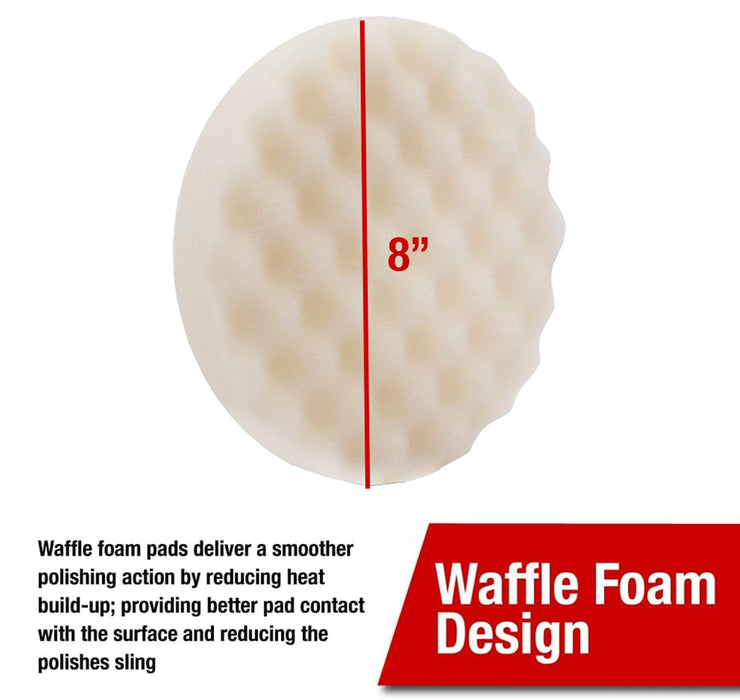 LAUCO White Foam Waffle Buffing Pad – 8” Single-Sided Polishing & Waxing Pad – Final Finish for High-Gloss Shine – Hook & Loop Backing (203.2mm) – 2 Pack