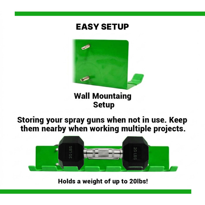 LAUCO Omni Tool Wall Mounted Paint Spray Gun Holder Holds 7 Guns without Cups or 4 with Cups, Heavy Duty Screw Mount Rack, Stable Scratch-Free Design, Green, 1 Pack