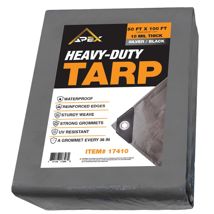 LAUCO Heavy Silver/Black Tarp - 50ft x 100ft - 10 MIL Multipurpose UV Resistant, Waterproof Protective Tarp Cover with Metal Grommets and Reinforced Edges - for Roof, Camping, Patio, Pool, Boat, Car