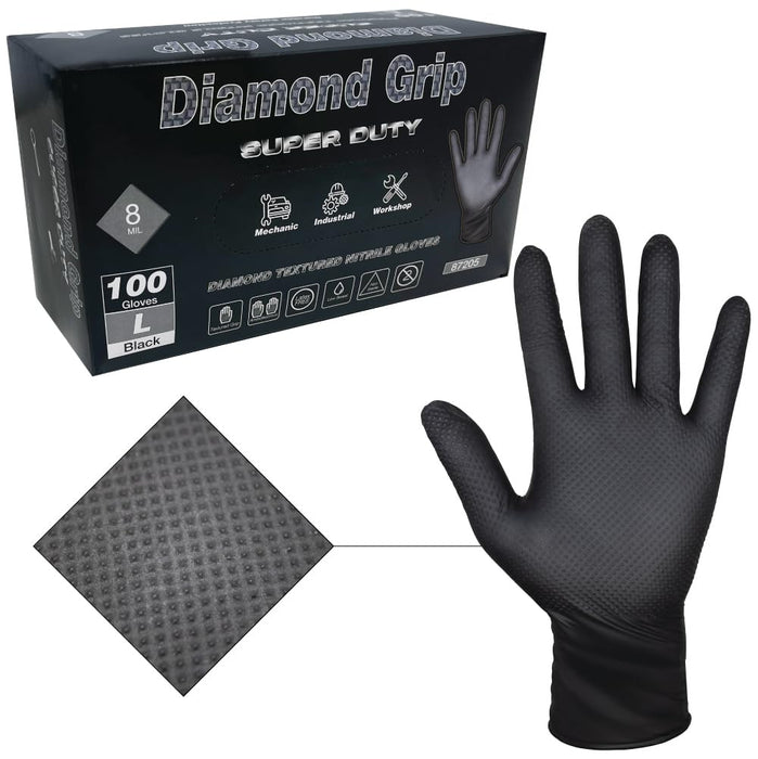 LAUCO Heavy Duty Industrial Black Nitrile Gloves with Raised Diamond Texture, 8-mil, Latex Free, Powder Free (1, Large (Pack of 100)) 87205