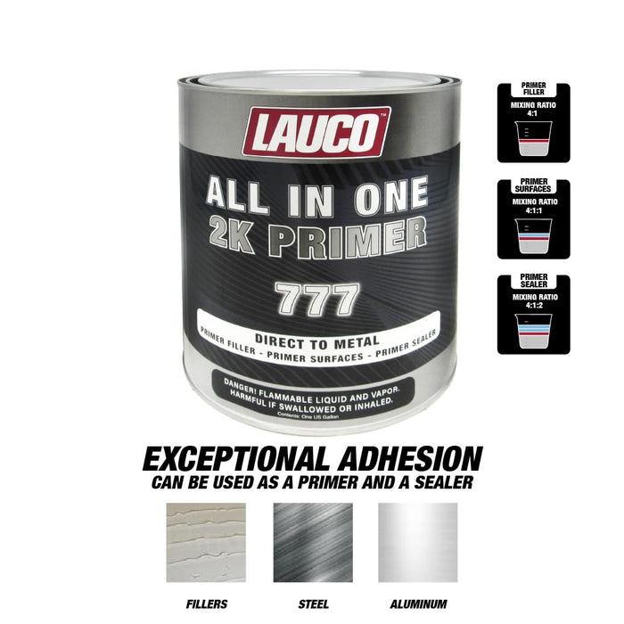 LAUCO All-In-One Direct-to-Metal (DTM) 2K Urethane Primer Surfacer Kit (Gray, 1 Gallon) with Medium Hardener/Activator (1 Quart) – High Build Filler/Sealer (4:1 Mix) 772