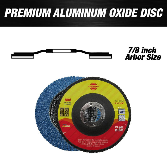 80 Grit Type #29 Flap Discs 4 1/2 inch Wheel Sanding Disc with 7/8 Arbor Aluminum Oxide Abrasive for Grinding, Blending, Sanding and Finishing - 10 Pack