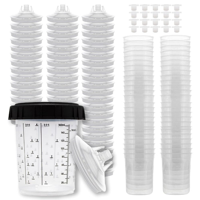 LAUCO Disposable Spray Gun Paint Cups Kit – 50 Pack Liners & Lids with 125 Micron Strainer, Hard Cup, Retainer Ring & Plugs (200ml / 6oz)