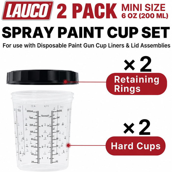 LAUCO 2 Pack Paint Spray Gun Hard Cup Set, 200ML (6.8 Oz) Reusable Mixing Cups with Retainer Rings, Compatible with Disposable Paint Cup Liner and Lid Systems for Automotive Paint, Primer, Clear Coat