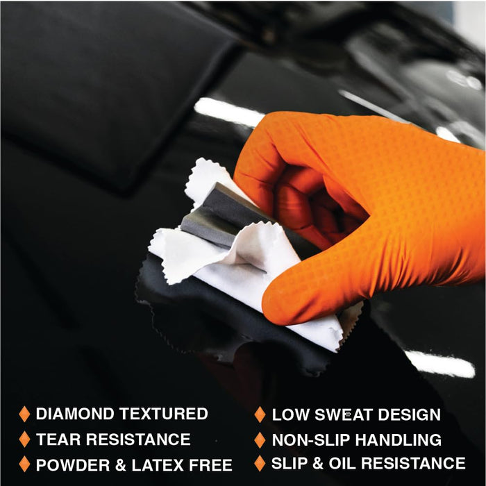 LAUCO Heavy Duty 8-Mil Industrial Orange Nitrile Gloves with Raised Diamond Texture, Large, Latex Free, Powder Free, Pack of 200 (2 Boxes) 87285