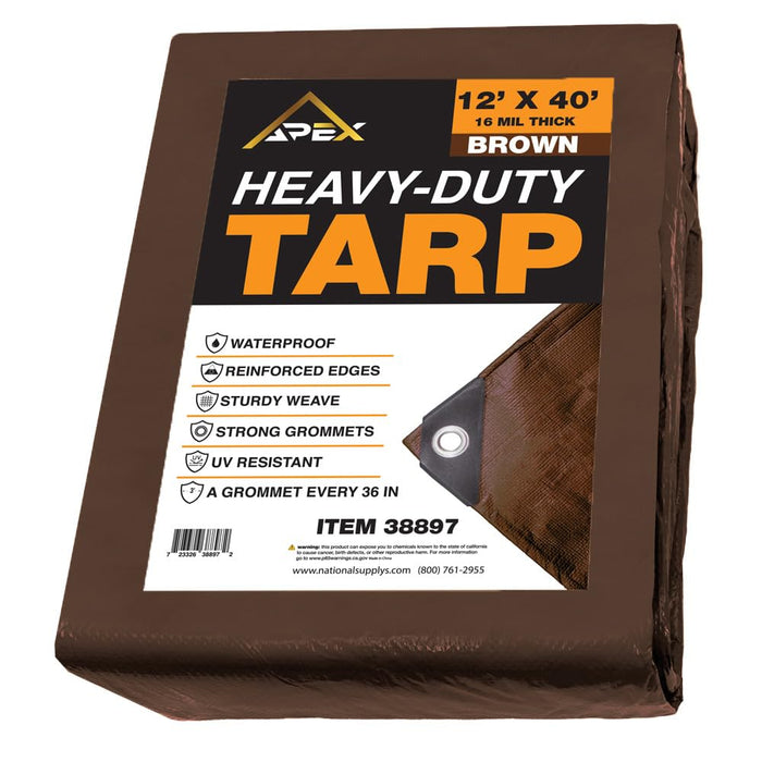 Heavy Brown Tarp - 16 MIL Multipurpose UV Resistant, Waterproof Protective Tarp Cover with Metal Grommets and Reinforced Edges - for Roof, Camping, Patio, Pool, Boat, Car (12ft x 40ft) 38897