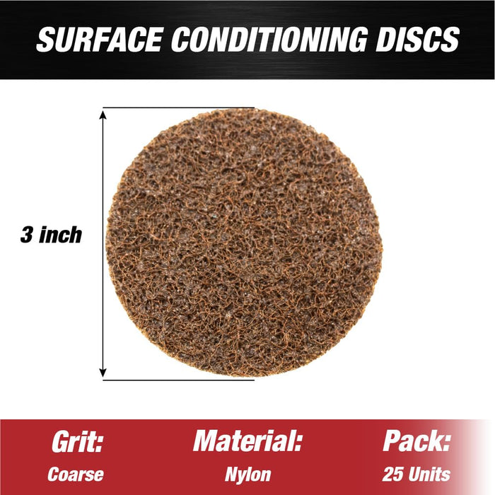 Lauco 3" Diameter Quick Change Nylon Surface Conditioning Discs - Brown Coarse Sanding Grit (Box of 25) - Sanding Polishing Paint Removal with Male R-Type Backing, Quick Change Roll Lock Connection