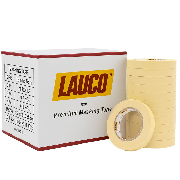 LAUCO 928 Automotive Refinish Masking Beige Tape Case of 48 Rolls, Size 18 x 55M (3/4 inch x 60 Yards) - Strong Performance Tape