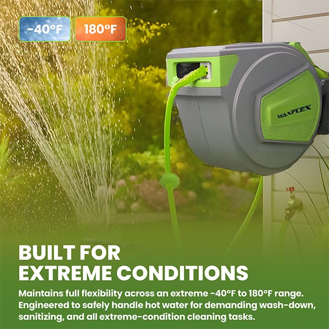 Heavy-Duty 50 ft Retractable Air Compressor/Water Hose Reel | 1/2" Hybrid Polymer 300 PSI Max | Enclosed Steel Case for Commercial & Industrial Use