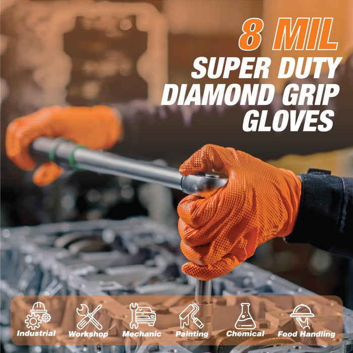 LAUCO Heavy Duty 8-Mil Industrial Orange Nitrile Gloves with Raised Diamond Texture, Large, Latex Free, Powder Free, Pack of 200 (2 Boxes) 87285