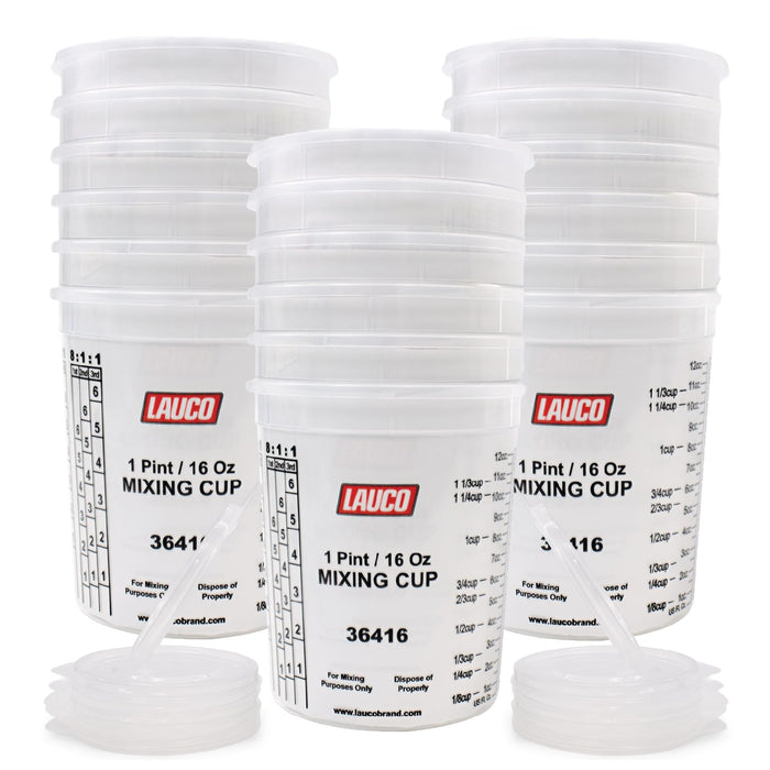 Pack of 100 Cups and 12 Lids Paint & Epoxy Mixing Cups - 32oz, Calibrated Mixing ratios on Side - Solvent Resistant, Reusable Clear Plastic Cups for Paint, Epoxy, Resin, Oil, Thinner