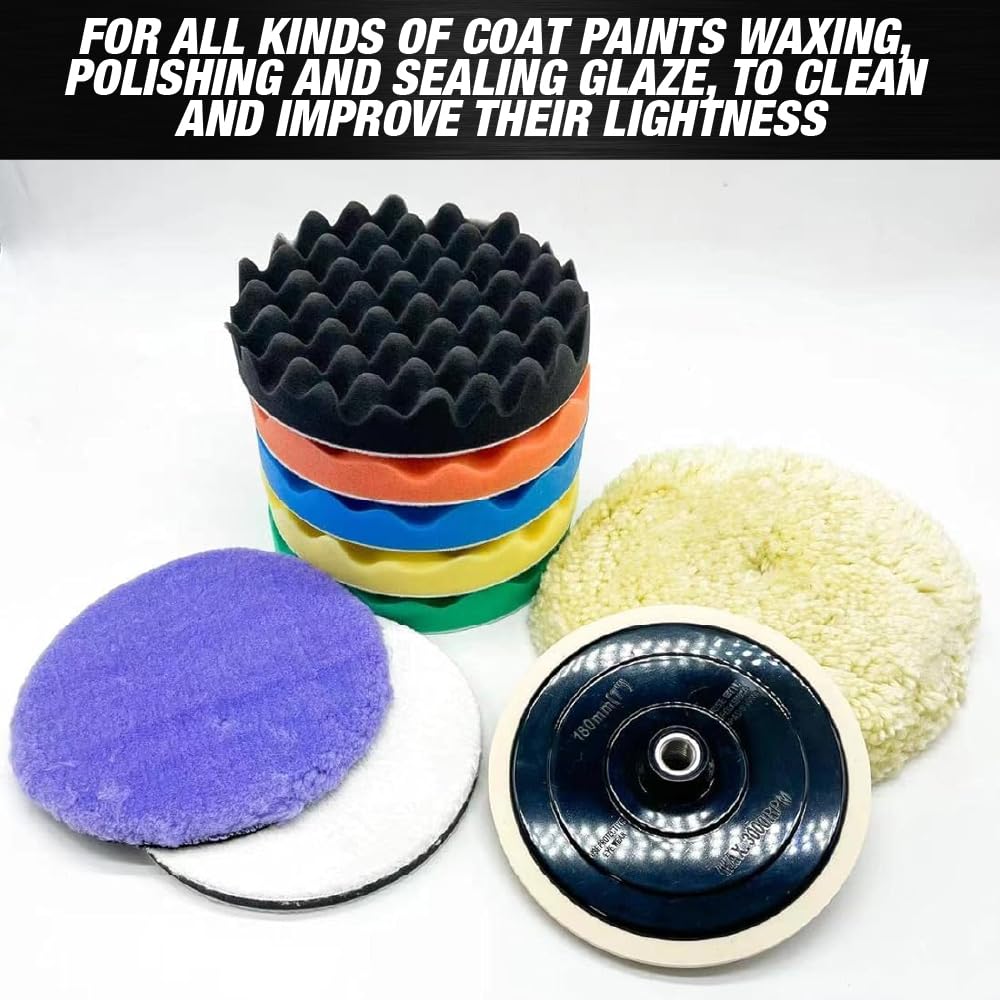 7 inch 9 pcs Polishing Pad Kit with 5 Waffle Foam, 1 100% Wool Grip Pad, 1 Lamb Wool Pad, 1 Microfiber Finishing Pad and 5/8"-11 Threaded Backing Plate for Car Sanding,Polishing, Waxing PPS1689