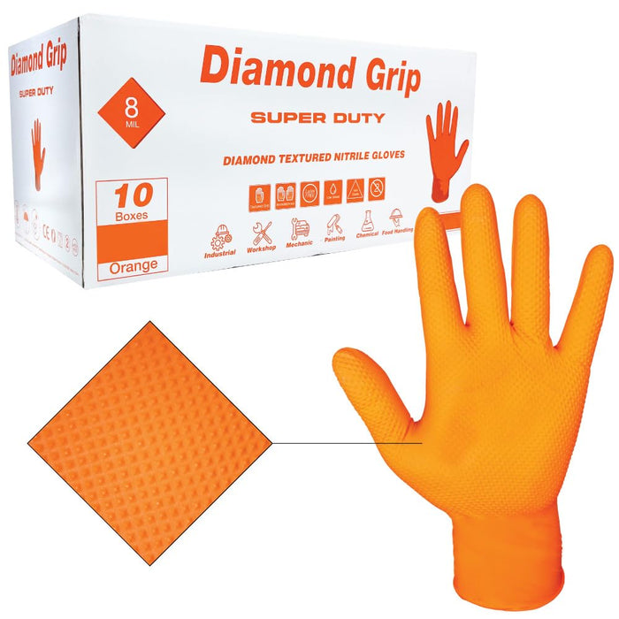 Heavy Duty 8-Mil Industrial Orange Nitrile Gloves with Raised Diamond Texture, X-Large, Latex Free, Powder Free, Pack of 1000 (10 Boxes) 87286