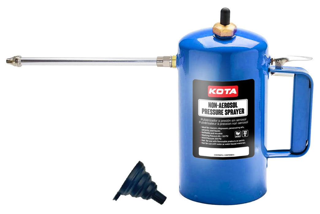 LAUCO Non Aerosol Pressure Sprayer - Refillable Pressurized Sprayer Bottle for Oil, Solvent, Degreasers, Lubricants - Rechargeable Steel Canister with Brass Nozzles, 32oz. (1, Blue) 69533