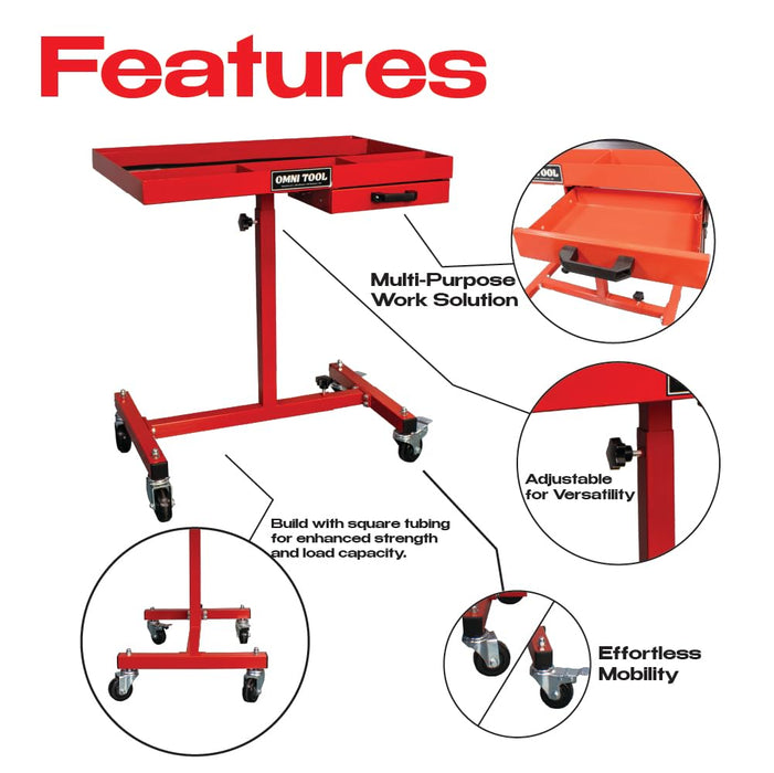 LAUCO Rolling Work Table with Drawer, Adjustable Mobile Tray Table for Shop, Garage, Mechanic Tool Cart with Wheels, 220 lb Capacity, Red [39102]