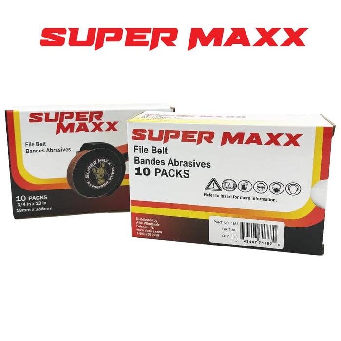 LAUCO Super MAXX 13" L x 0.75" W File Belt Bands Abrasives, 36 GRIT Aluminum Oxide, Pack of 10, Compatible with Super MAXX Expander Wheel, Gray