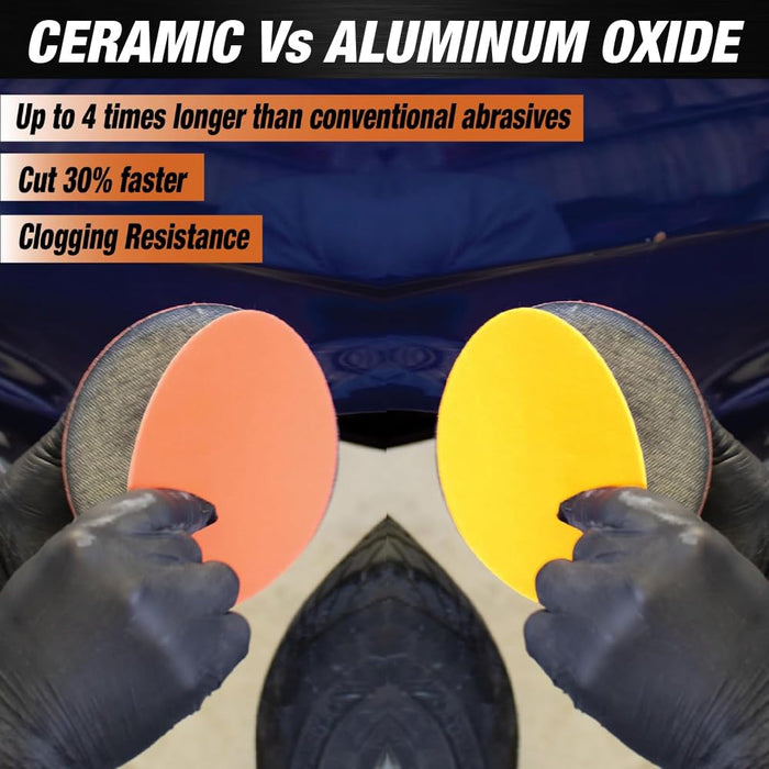 LAUCO 6” Premium Ceramic Orange PSA Discs - 400 Grit (Box of 50) - No Hole, Self Adhesive Random Orbital Sander Discs for Sanding Polishing on Fiberglass, Metal, Wood (GRIT 400)