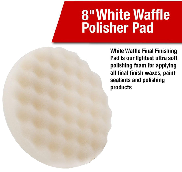LAUCO White Foam Waffle Buffing Pad – 8” Single-Sided Polishing & Waxing Pad – Final Finish for High-Gloss Shine – Hook & Loop Backing (203.2mm) – 2 Pack