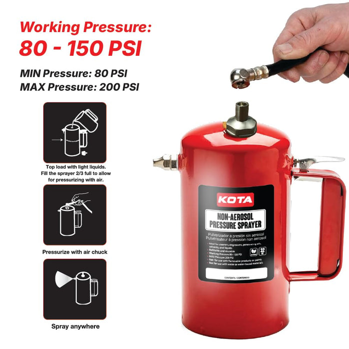 LAUCO Non Aerosol Pressure Sprayer with Funnel and Extension, Refillable Pressurized Sprayer Bottle for Oil, Solvent, Degreasers, Lubricants - Rechargeable Steel Canister and Brass Nozzles, 32oz 69532