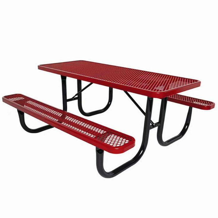 LAUCO Heavy Duty Rectangular Outdoor Picnic Table with Steel Frame, Thermoplastic Coating, Umbrella Hole, Built-in Benches, Seats 8, for Park, Patio, School (Red, 96 inch) 36032