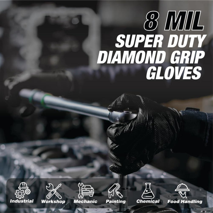 LAUCO Heavy Duty Industrial Black Nitrile Gloves with Raised Diamond Texture, 8-mil, Latex Free, Powder Free (1, Large (Pack of 100)) 87205
