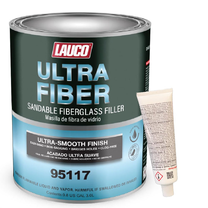LAUCO Ultra Fiber Sandable Fiberglass Filler, Bridges Holes, Water Resistant, Lightweight, for Fiberglass, Steel, Plastics, Base Color of Yellow-Green, 3 Liters
