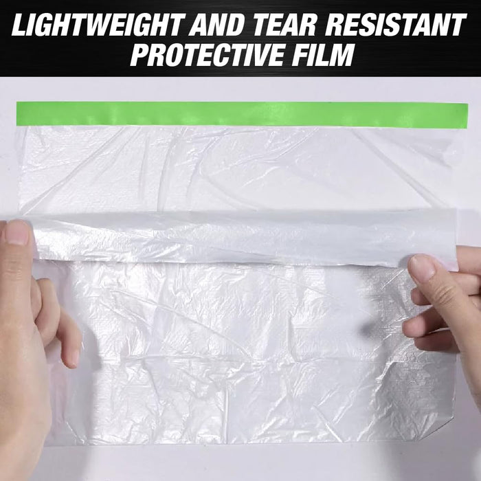 Pre-Taped Masking Film Tape and Drape, No Residue Painters Plastic Drop Cloth for Painting - Plastic Paint Tape and Drape for Automotive Painting Covering - Bulk Case (24 Inches x 82 Feet - 100 Rolls)