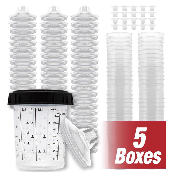 Value Pack 10 Boxes - Disposable Spray Gun Paint Cups Liners and Lid Kit - Each Box Includes: 50 Cup Liners, 50 Lids with 125 Mic, 1 Hard Cup with Retainer Ring and 20 Plugs (5 Boxes of 200ml/6oz)