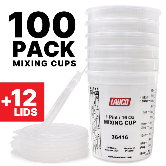 Pack of 100 Cups and 12 Lids Paint & Epoxy Mixing Cups - 32oz, Calibrated Mixing ratios on Side - Solvent Resistant, Reusable Clear Plastic Cups for Paint, Epoxy, Resin, Oil, Thinner