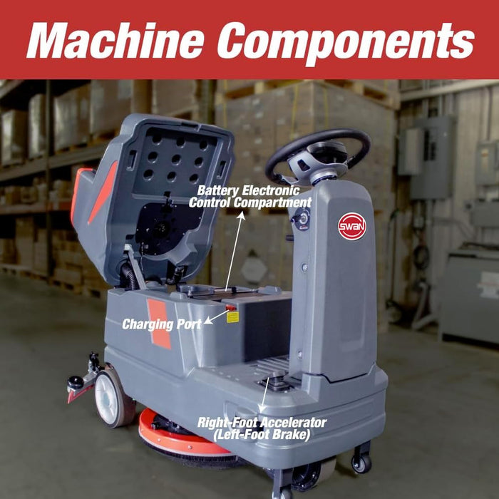Commercial Ride-On Floor Battery Powered Scrubber Machine, 22" Brush, Complete Set of Parts, , With Two 22" Brushes, 5 Hours Continuous Working Time, 17 Gal Tank, 36,166 Sqft/H Efficiency 17456
