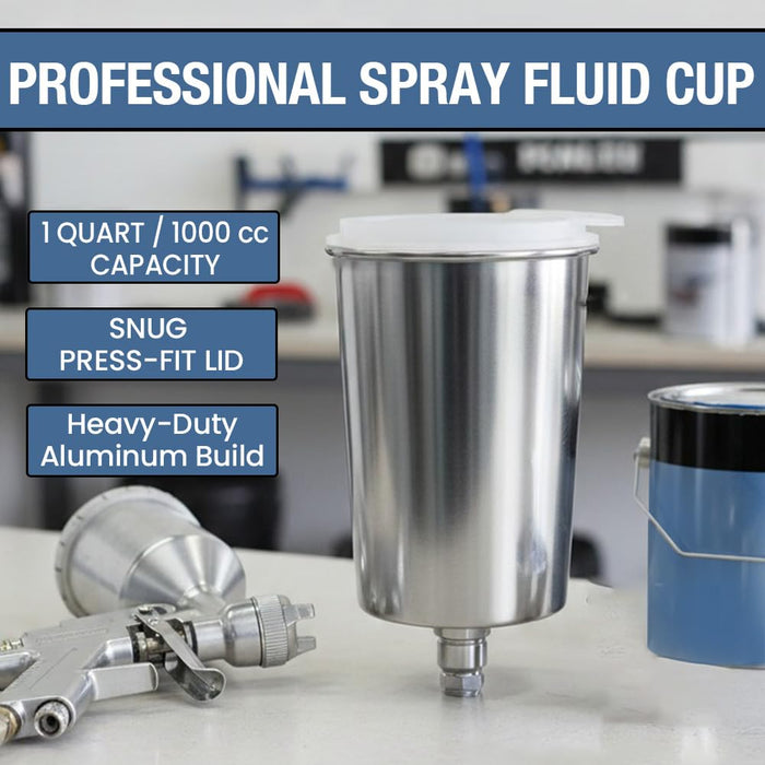 Aluminum Spray Gun Cup (1 Quart / 1000cc) | Heavy-Duty Gravity Feed Paint Pot with Snug Press-Fit Lid | Universal Fit for HVLP, LVLP, and Standard Spray Guns 9551