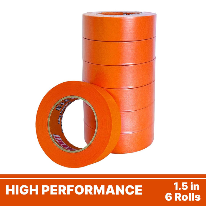 LAUCO Orange Automotive Refinishing Masking Tape 1.5 in x 60 yd (6 Rolls) – Autobody Painters Tape, UV, Moisture & Heat Resistant, No Residue, Multi-Purpose for Collision Repair