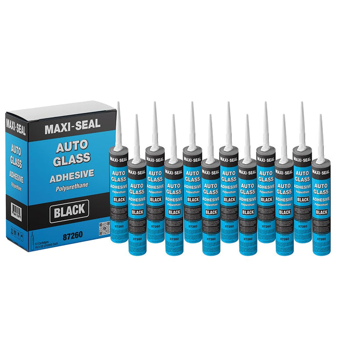 LAUCO Maxi-Seal Black Polyurethane Windshield Adhesive with Fast Curing Non-sag Formula - 10.5oz Tube + ﻿Applicator Tip﻿ - High Bond Strength Window Sealant Compound (12 Pack)