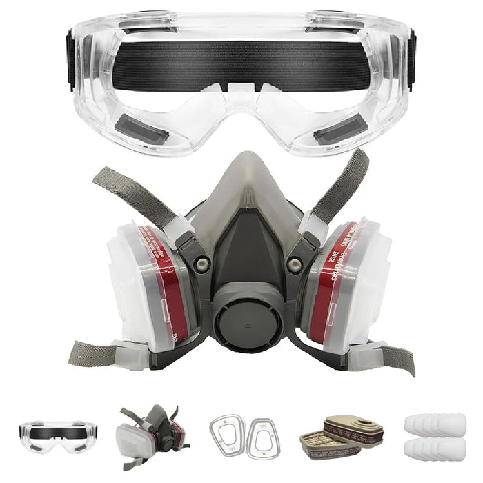 LAUCO Premium Respirator Kit - Reusable Half Face Cover Set with Safety Glasses for Gas, Painting, Machine Polishing, Staining, Car Spraying, Sanding & Cutting, DIY and Other Work Protection