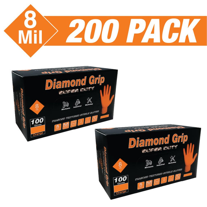 LAUCO Heavy Duty 8-Mil Industrial Orange Nitrile Gloves with Raised Diamond Texture, X-Large, Latex Free, Powder Free, Pack of 200 (2 Boxes) 87286