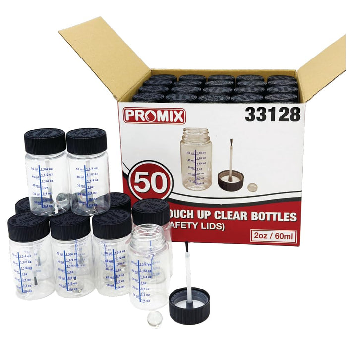 Promix Touch Up Paint Bottles 2oz (Box of 50) – With Child Safety Lids, Mixing Balls, Gradient Markings & Brushes – Solvent-Resistant PET – Car Paint Chip Repair & Scratch Fix Containers (1 Box) 33128