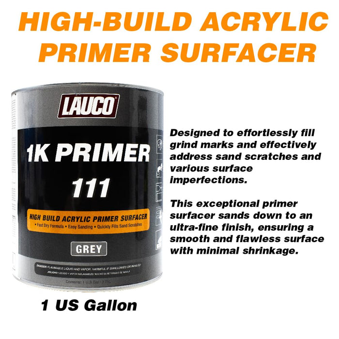 LAUCO 1K High Build Grey Acrylic Primer Surfacer Fast Drying, Easy Sanding, Excellent Adhesion for Metal, Steel, and Body Filler Automotive & Industrial Use, 1 Gallon