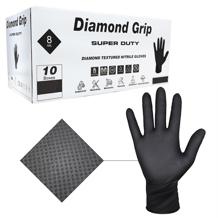 Heavy Duty Industrial Black Nitrile Gloves with Raised Diamond Texture, 8-mil, Latex Free, Powder Free (10, Large (Pack of 1000)) 87205