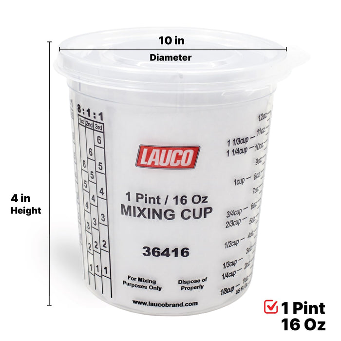 Pack of 100 Cups and 12 Lids Paint & Epoxy Mixing Cups - 32oz, Calibrated Mixing ratios on Side - Solvent Resistant, Reusable Clear Plastic Cups for Paint, Epoxy, Resin, Oil, Thinner