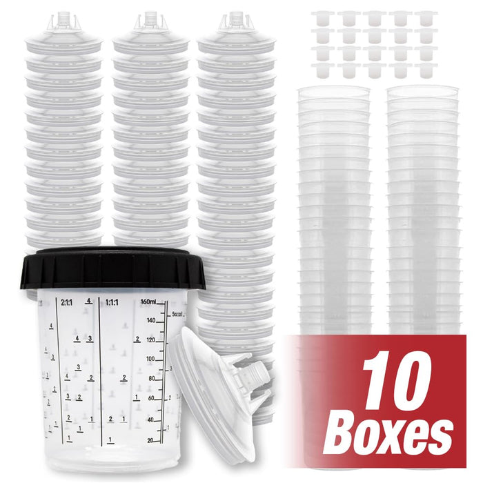 Disposable Paint Spray Gun Cups Liners and Lid System 50 Liners, 50 Lids, 190MIC, 1 Hard Cup with Retainer Ring and 20 Plugs - Compatible w/ Original 1.0 System (not 2.0) (10 Boxes of 200ml / 6oz)