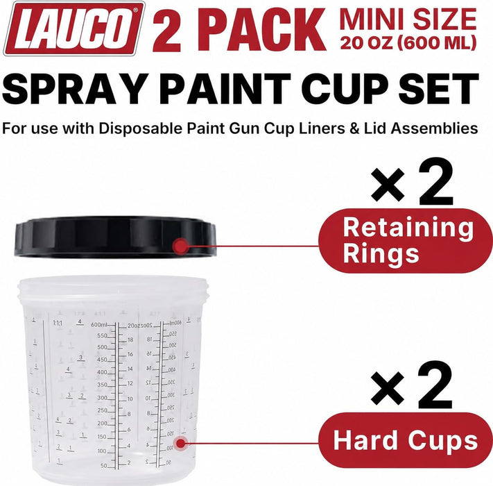 LAUCO 2 Pack Paint Spray Gun Hard Cup Set, 600ML (20 Oz) Reusable Mixing Cups with Retainer Rings, Compatible with Disposable Paint Cup Liner and Lid Systems for Automotive Paint, Primer, Clear Coat