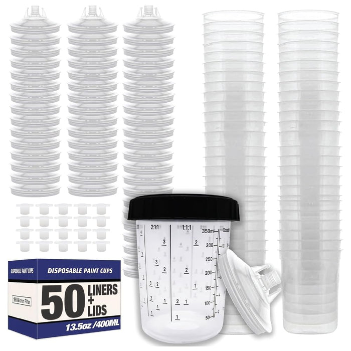 LAUCO Disposable Paint Spray Gun Cups Liners and Lid System 50 Cup Liners, 50 Lids, 1 Hard Cup w/Retainer Ring and 20 Plugs - Compatible w/Original 1.0 System (not 2.0) (400ml | 13.5oz |190 Micron)