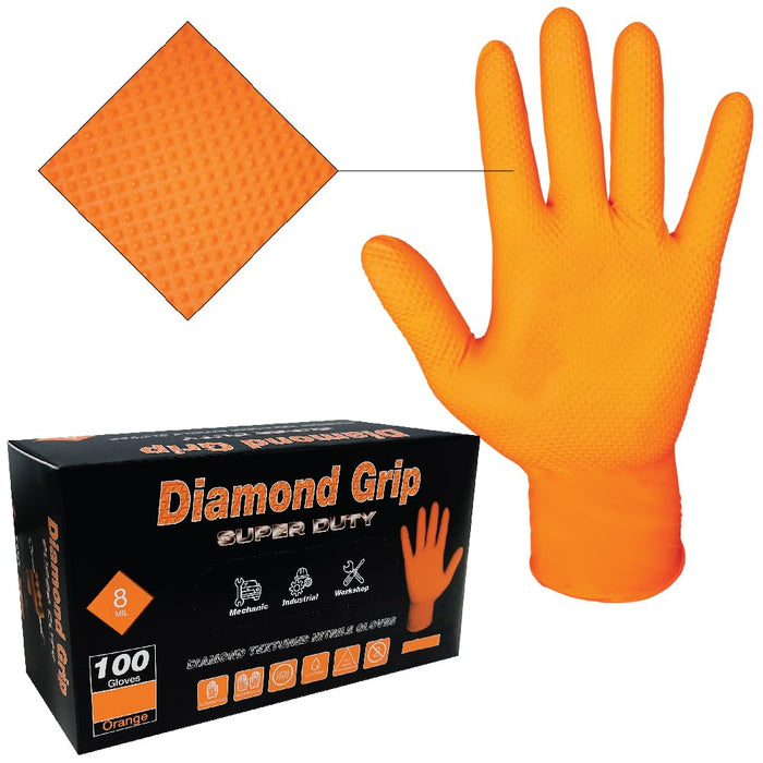 LAUCO Heavy Duty 8-Mil Industrial Orange Nitrile Gloves with Raised Diamond Texture, Large, Latex Free, Powder Free, Pack of 100 (1 Box) 87285
