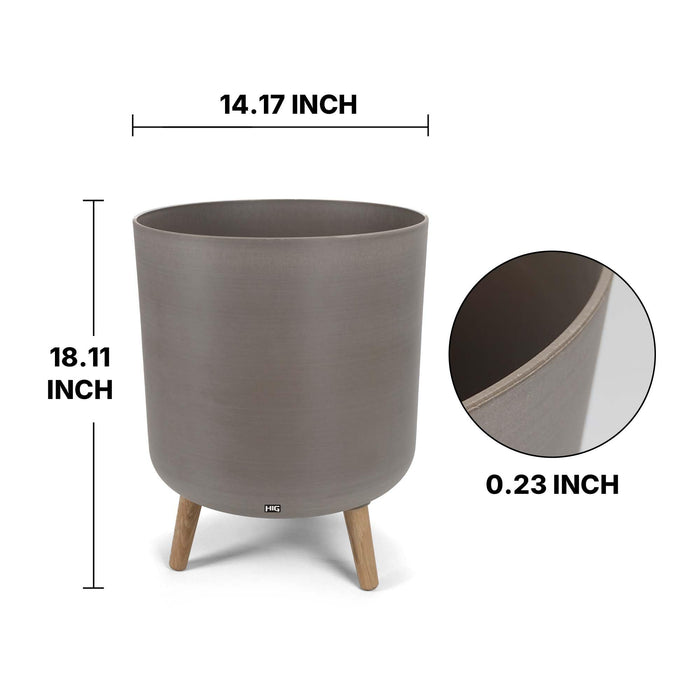 14 Inch Plastic Planter Pot with Stand, Handcrafted Modern Plant Pot, Durable Tall Flower Pot for Indoor & Outdoor Plants, Living Room & Garden Decor, Light Coffee/Natural wooden legs (2 Pack) 87227
