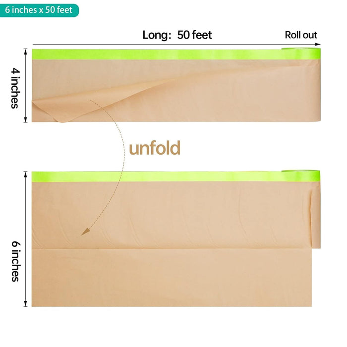 LAUCO Pre-Taped Brown Masking Paper 6" x 50' for Painting Tape and Drape Painters Paper, Paint Adhesive Protective Paper Roll for Car, and Furniture Protection, 1 Roll