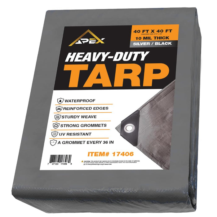Heavy Silver/Black Tarp - 40ft x 40ft - 10 MIL Multipurpose UV Resistant, Waterproof Protective Tarp Cover with Metal Grommets and Reinforced Edges - for Roof, Camping, Patio, Pool, Boat, Car 17406
