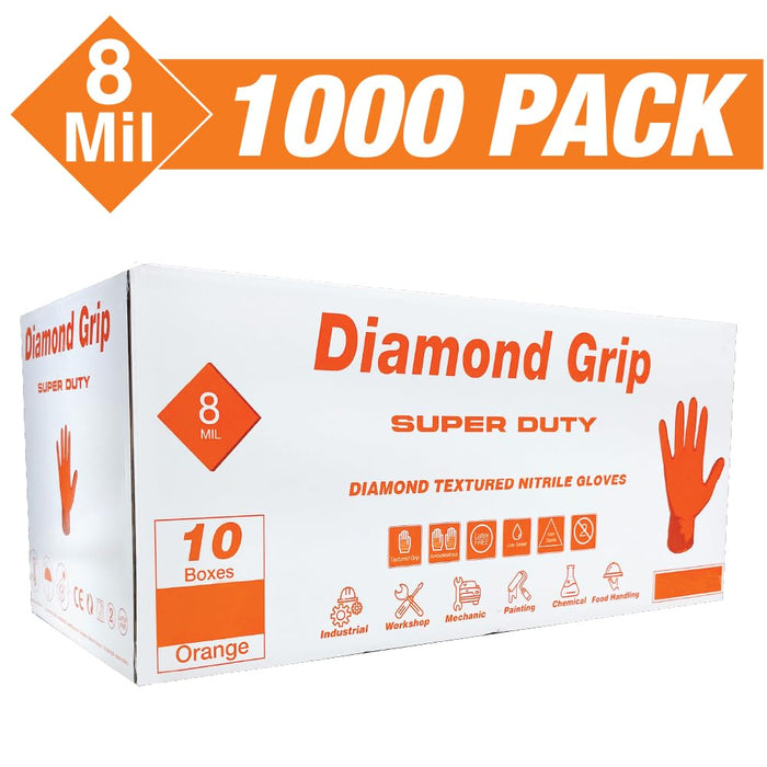 Heavy Duty 8-Mil Industrial Orange Nitrile Gloves with Raised Diamond Texture, Medium, Latex Free, Powder Free, Pack of 1000 (10 Boxes) 87284