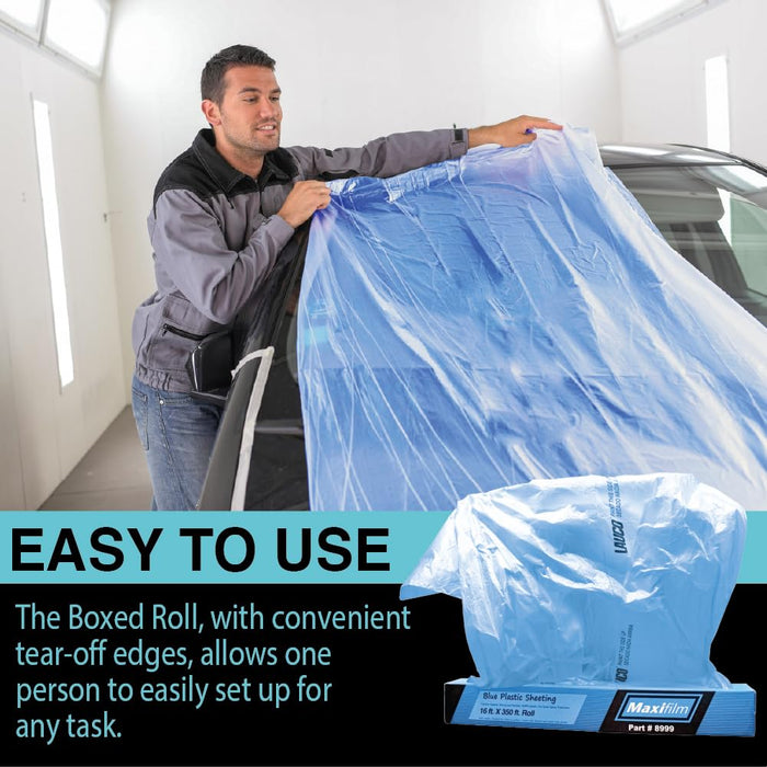 MAXIFILM 12ft x 400ft Roll of Blue Overspray Paintable Masking Plastic Sheeting -8 Micron, 0.3 Mil, Protective Masking Film Cover, Auto Painting, Cover Cloth Home Walls Furniture (1, 12ft x 400ft)